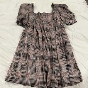 En Saison Metallic Plaid Puff Sleeve Mini Dress Size S